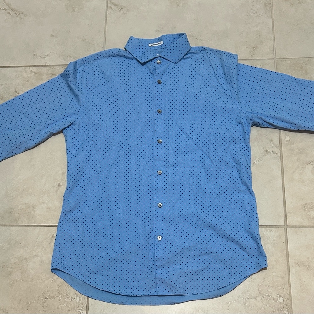 Express Blue and Black Polka Dot Casual Button Down Shirt